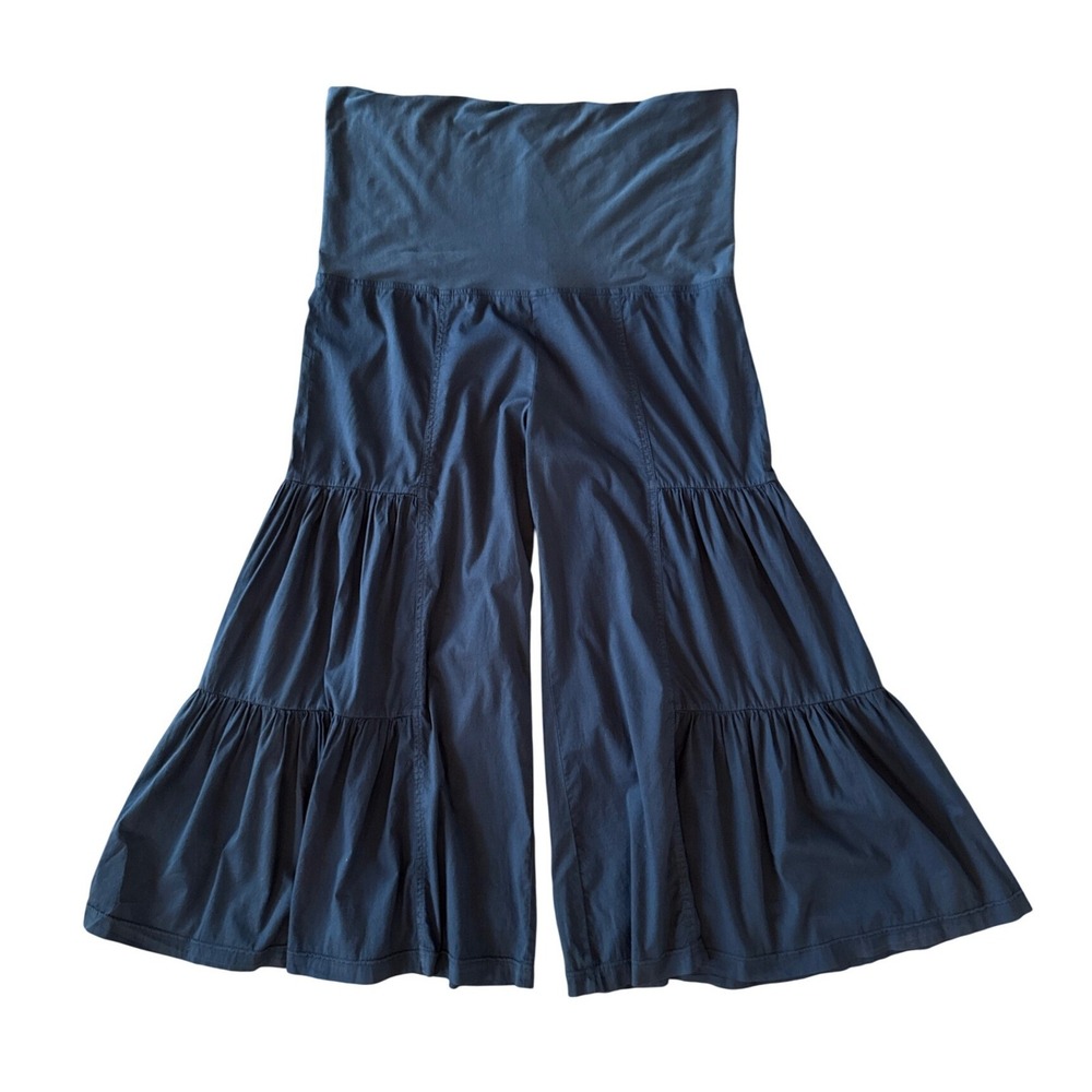 Contrast Boho Tiered Wide Leg Palazzo Pants Navy Blue XL Gaucho Fold Over Waist